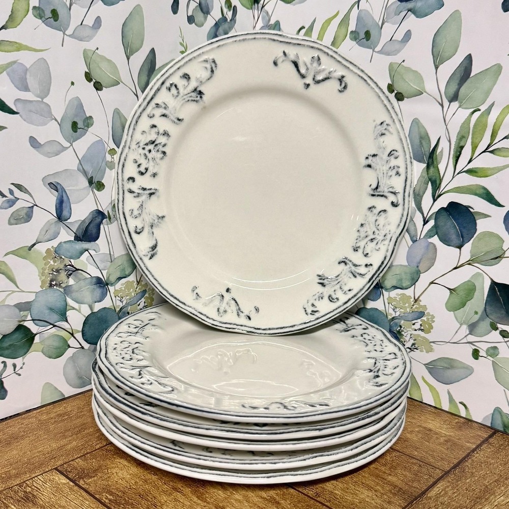 Vintage Antique Scroll Embossed Farmhouse White Blue 8"Salad Plates Cottagecore